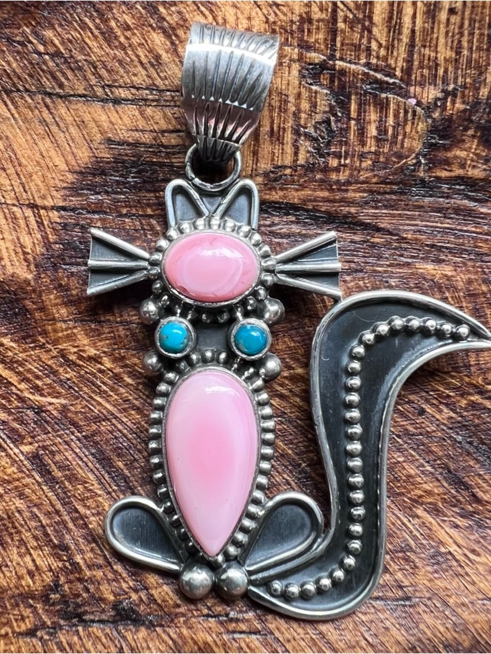 925 Sterling Pink Conch Turquoise Cat Pendant Statement Southwestern